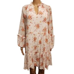 Vince Camuto Three Tiered Chiffon Dress Floral Print Ruffle V-Neck Lined Size M